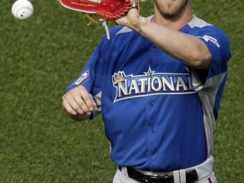 Bryce Harper warms up for the recent Major League All-Star Game. Harper's Mormon faith is, according to one writer, "a comfortable but not controlling part of the conversation" about this rising sports star.