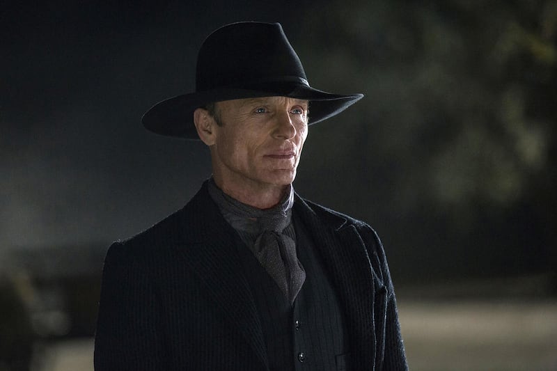 In this image released by HBO, Ed Harris portrays the Man in Black, in a scene from the HBO series, "Westworld." The 10-episode season premieres Sunday at 9 p.m. EDT. (John P. Johnson/HBO via AP)