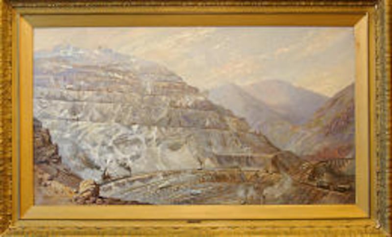 A painting of mining in Bingham Canyon in the early 1900s shows a mountain that once soared skyward. In the 1930s, it was gone.