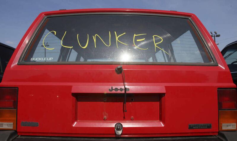 A Jeep Cherokee turned in during the Cash for Clunkers program is seen at the Riverside Auto Mall, Saturday, Sept. 12, 2009 in Marquette, Mich.