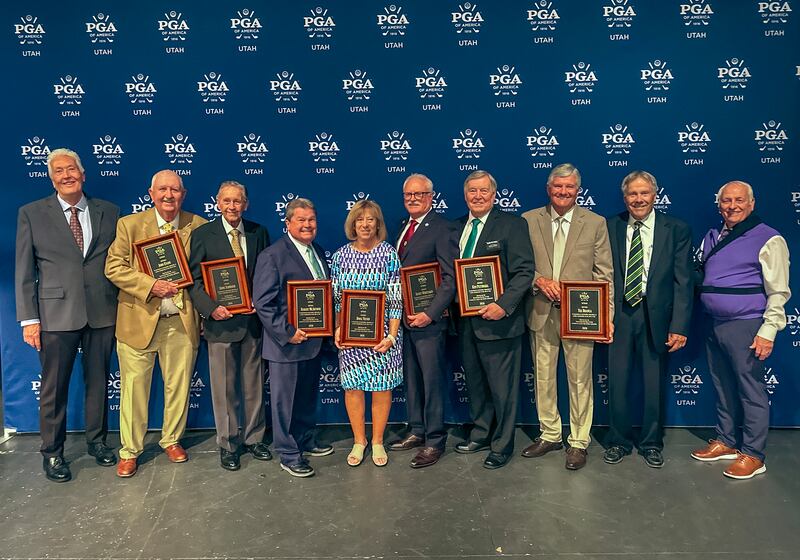 2026 inaugural Utah PGA Hall of Fame inductees: (L-R) Randy Beck (on behalf of Jimmy Thompson), John Evans, Ernie Schneiter Jr., Robert McArthur, Denise Vilven (on behalf of Doug Vilven), Scott Whittaker, Ken Pettingill, Ron and Don Branca (on behalf of Tee Branca), and Jeff Beaudry.
