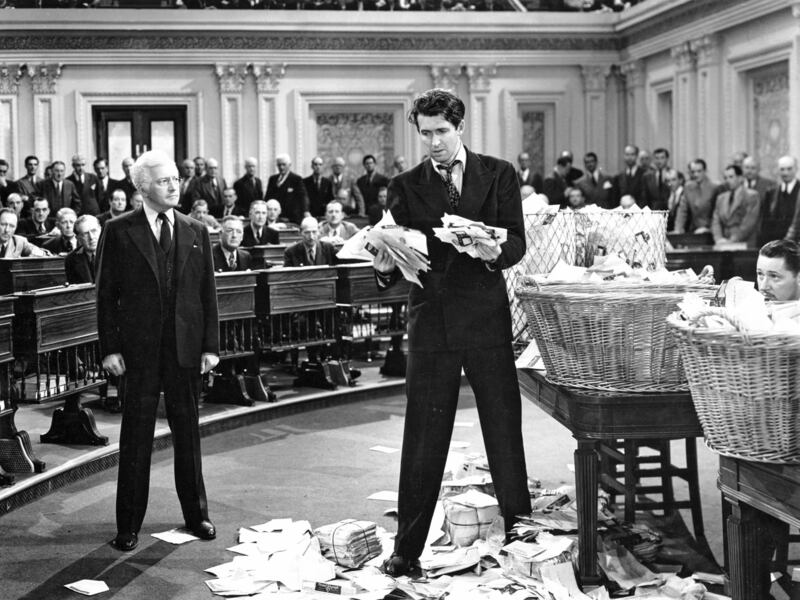 Claude Rains and James Stewart in the famous filibuster scene from "Mr. Smith Goes to Washington," 1939.