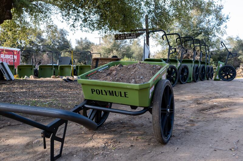 A Polymule handcart is shown during a service project in El Cariso, California, on Saturday, March 29, 2025.