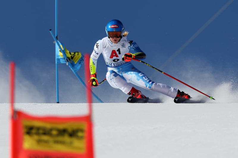 Mikaela Shiffrin competes in the women’s World Championships super G in France in Feb. 2023.