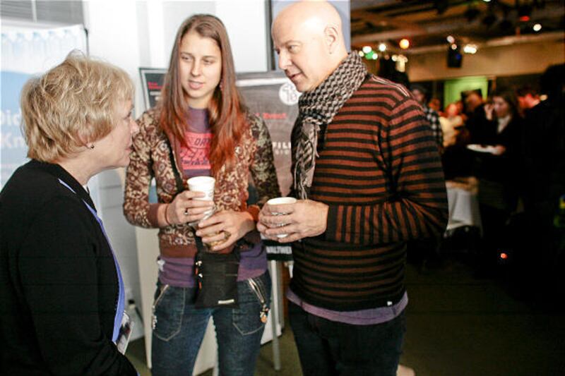 Leigh von der Esch, left, talks to Katy Scerbakova and producer Jeff Most at a Utah Film Commission brunch.