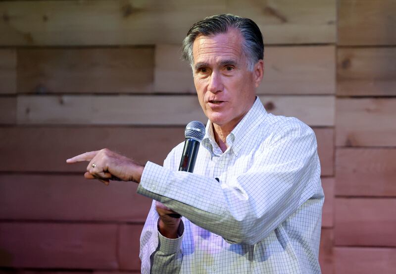 Sen. Mitt Romney, R-Utah, speaks at RevRoad in Provo on Aug. 23, 2023.