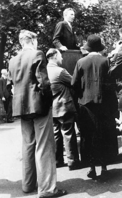 Young Elder Gordon B. Hinckley preaches in London's Hyde Park.
