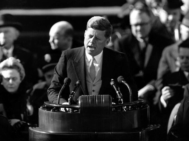 FILE _ U.S. President John F. Kennedy delivers his inaugural address after taking the oath of office at Capitol Hill in Washington, D.C. in this Jan. 20, 1961 file photo. The 14-minute inaugural's Cold War-era content, shaped by a World War II veteran for
