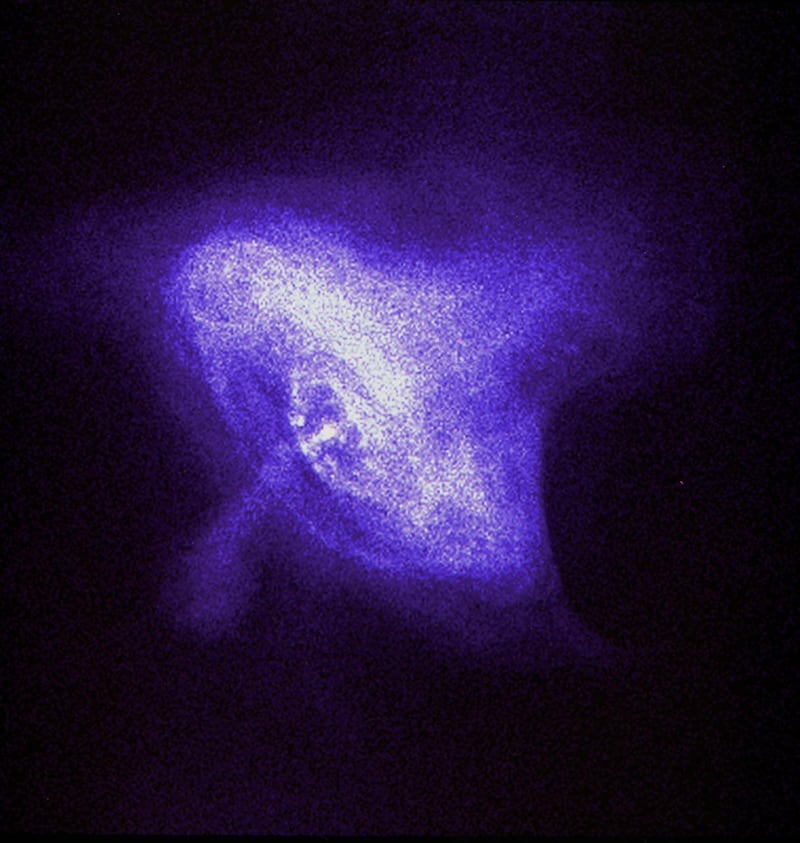 In 1999 NASA's Chandra X-ray Observatory satellite took this view of the center of the Crab Nebula, "revealing something never seen before, a brilliant ring around the nebula's heart. The image shows the central pulsar surrounded by tilted rings of high-e