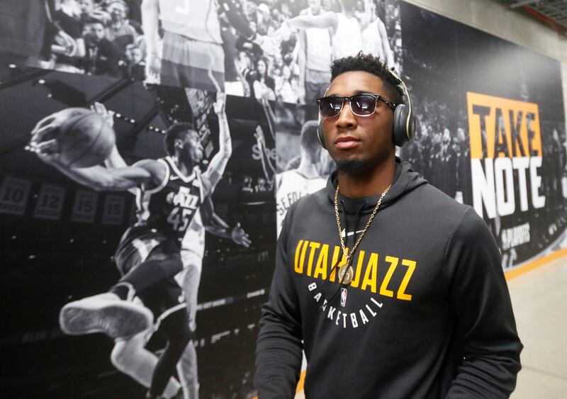 Utah Jazz guard Donovan Mitchell (45) arrives for Game 4 of an NBA basketball second-round playoff series against the Houston Rockets Sunday, May 6, 2018, in Salt Lake City.