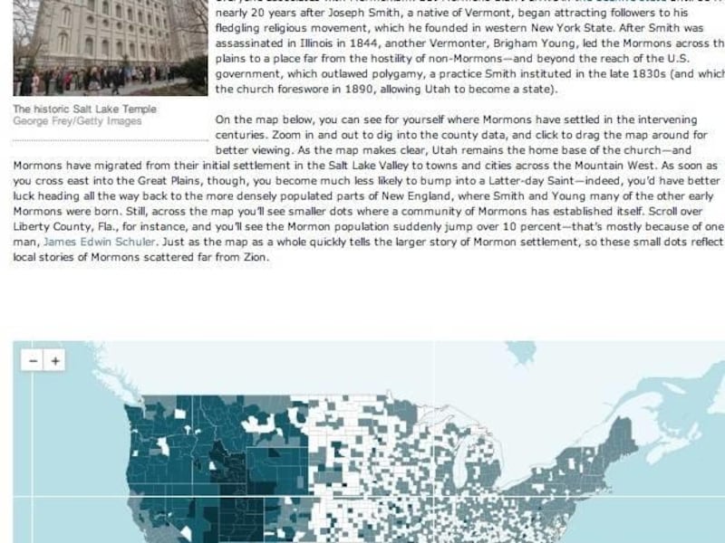 Slate Magazine highlighted Mormon populations in counties across the United States in its map of the week.