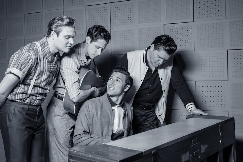 David Smith as Jerry Lee Lewis, from left, Colin Summers as Carl Perkins, Michael D Potter as Elvis Presley and Benjamin D. Hale as Johnny Cash in Hale Center Theater Orem's production of "Million Dollar Quartet."