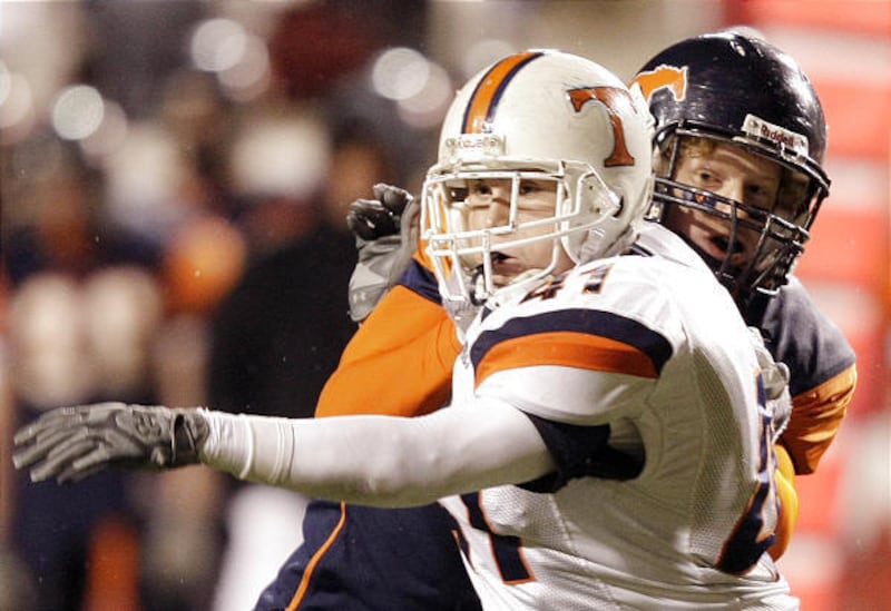 Timpview lineman Mike Tyler, shown here against Mountain Crest in the semifinals, has been a big reason behind the T-Birds' defensive success this year.