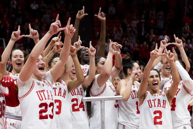 The Utah Utes celebrate a win against the UCLA Bruins at the Huntsman Center in Salt Lake City on Jan. 22, 2024.