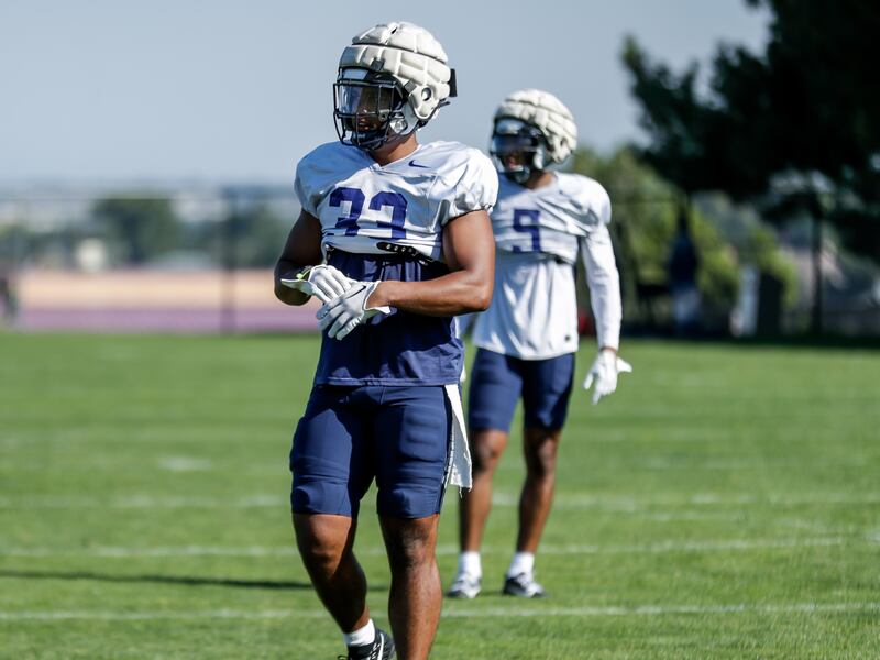 Utah State linebacker Max Alford looks on during fall camp in Logan.