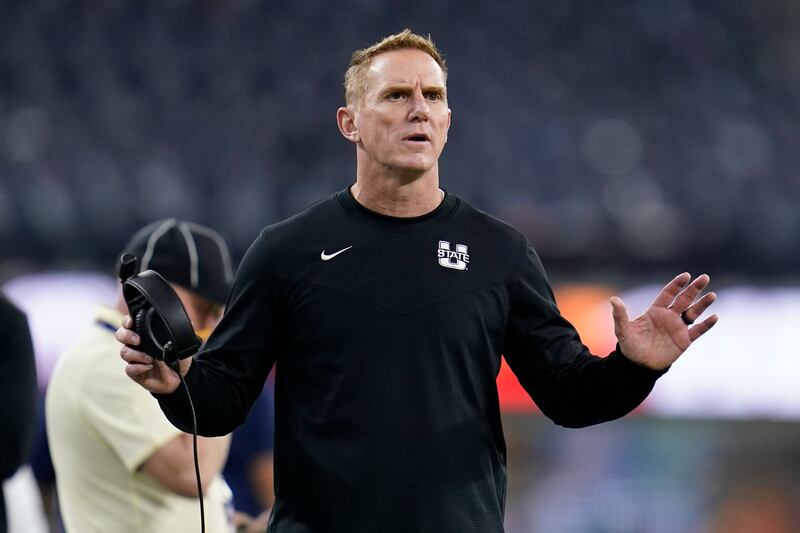 Utah State head coach Blake Anderson stands on the sideline during the LA Bowl against Oregon State in Inglewood, Calif.