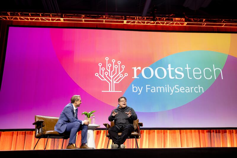 Actor Sean Astin speaks with emcee Kirby Heyborne on the final day of the RootsTech conference in Salt Lake City on March 4, 2023.