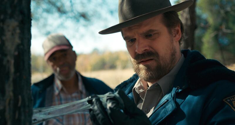 This image released by Netflix shows David Harbour in a scene from “Stranger Things,” premiering its second season on Friday.