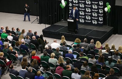 Mark Madsen speaks after being introduced as the new men's basketball head coach at Utah Vally University at the NUVI Basketball Center on campus in Orem, Utah, on Monday, April 15, 2019.