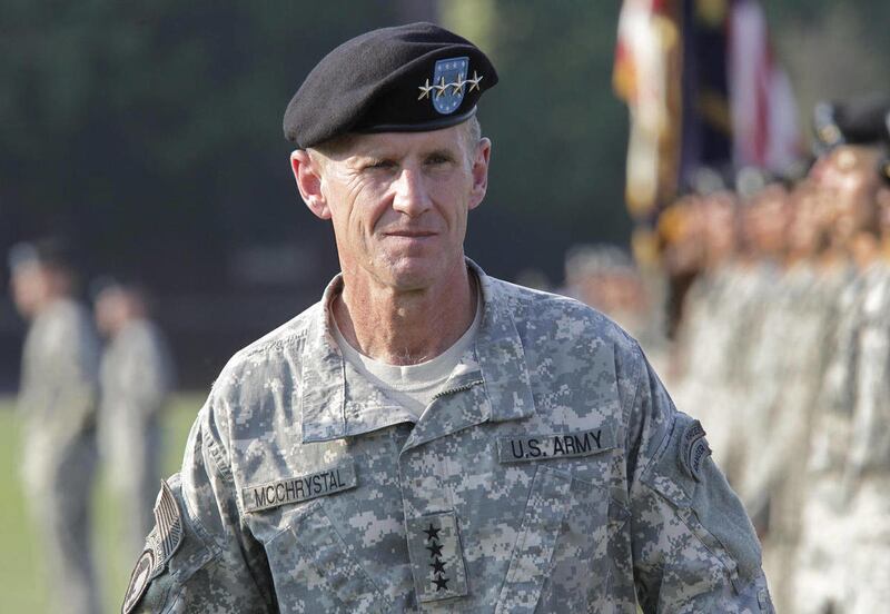 This July 23, 2010, file photo shows Gen. Stanley McChrystal reviewing troops for the last time as he is honored at a retirement ceremony at Fort McNair in Washington.