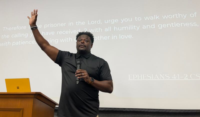 The Rev. Derwin Gray, a former BYU and NFL player, speaks about racism during a presentation at BYU on Sept. 9, 2022.
