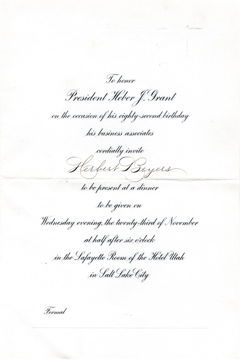 An invitation to Heber J. Grant's 82nd birthday part in 1938.