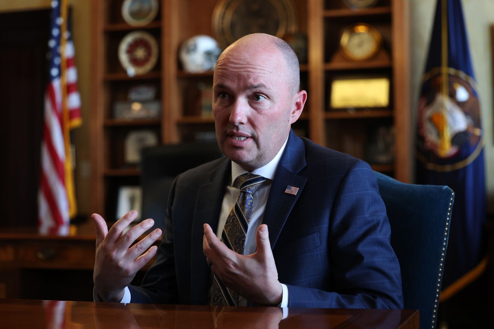 Gov. Spencer Cox discusses the 2022 legislative session on its last day during an interview at the Capitol in Salt Lake City.