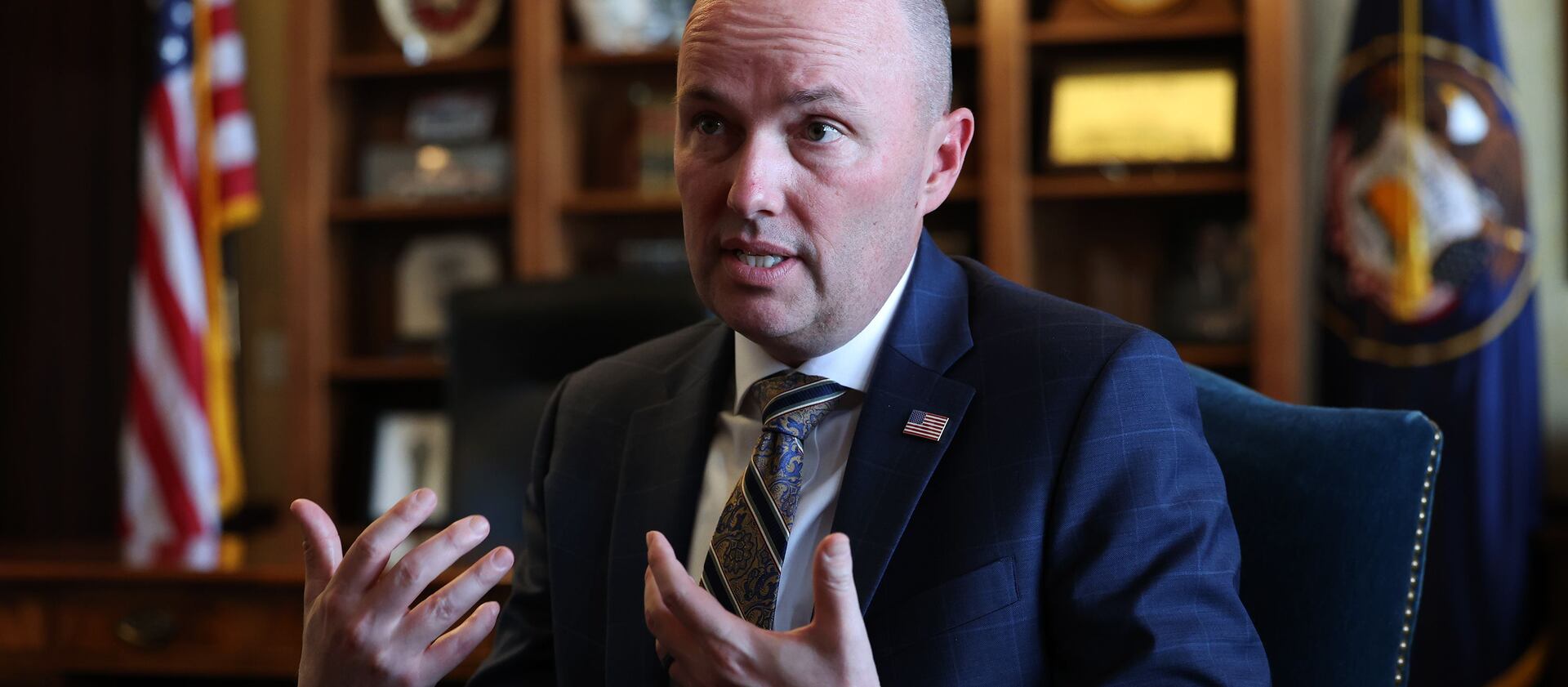 Gov. Spencer Cox discusses the 2022 legislative session on its last day during an interview at the Capitol in Salt Lake City.