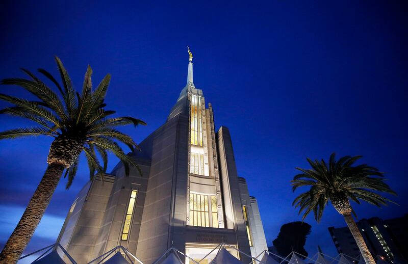 The Rome Italy Temple of The Church of Jesus Christ of Latter-day Saints is pictured after sunset on Sunday, Jan. 13, 2019.