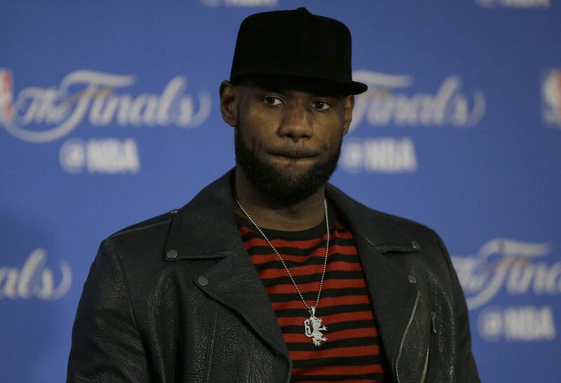 Cleveland Cavaliers forward LeBron James speaks at a news conference after Game 5 of basketball's NBA Finals between the Golden State Warriors and the Cavaliers in Oakland, Calif., Monday, June 12, 2017. The Warriors won 129-120 to win the NBA championshi