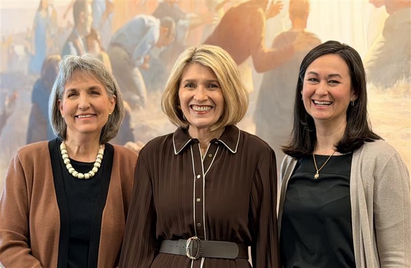 Relief Society General President Camille N. Johnson, Sister J. Anette Dennis and Sister Kristin M. Yee record a message in the Conference Center for the Relief Society worldwide devotional to be viewed in local gatherings on or near March 17, 2026.