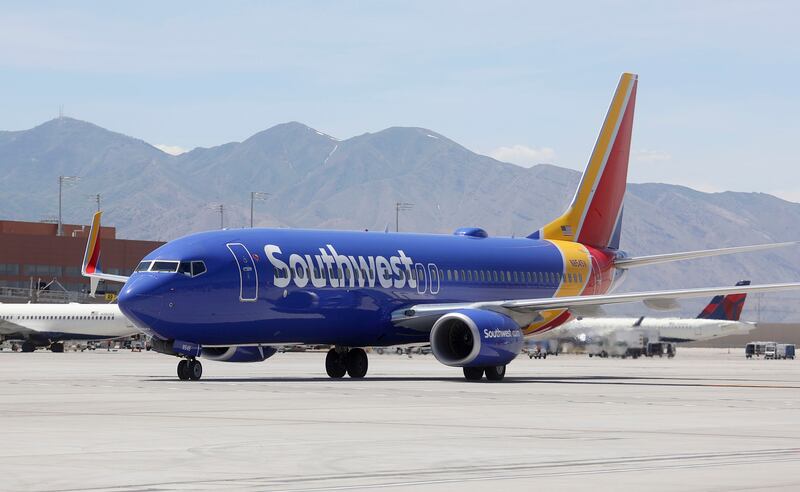 A Southwest plane taxis on the tarmac at the Salt Lake City International Airport in 2021.