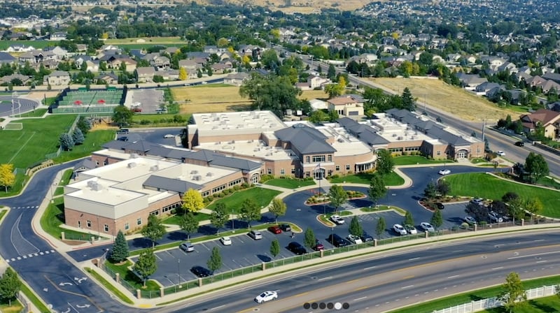 A drone image shows the American Heritage School on its 40-acre campus in American Fork, Utah.