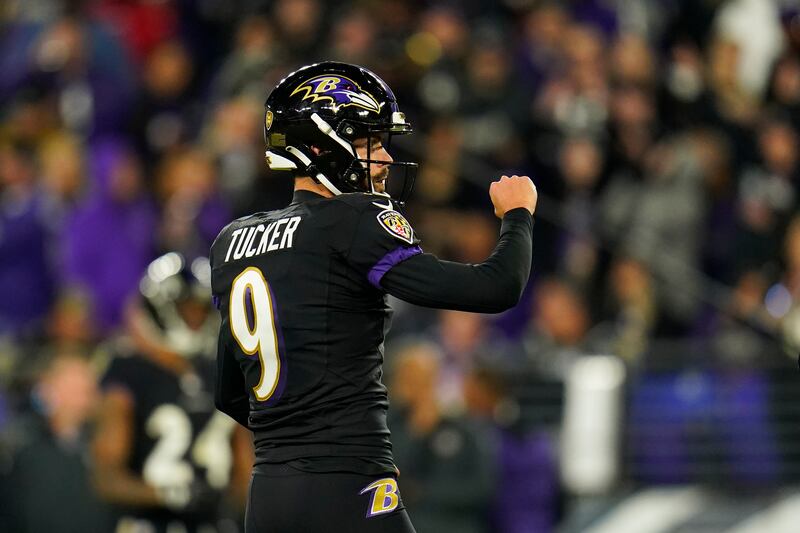 Baltimore Ravens kicker Justin Tucker celebrates a field goal during the second half of a game against the Cincinnati Bengals, Sunday, Oct. 9, 2022.