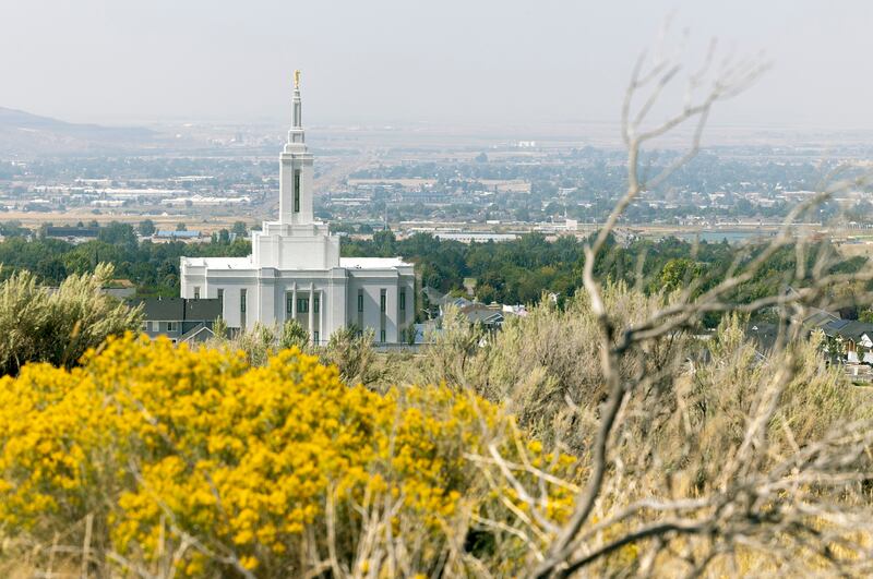 The Church of Jesus Christ of Latter-day Saints’ Pocatello Idaho Temple overlooks the city.