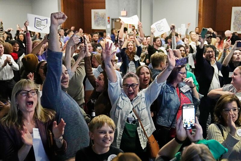 Issue 1 supporters cheer as they watch election results come in on Nov. 7, 2023, in Columbus Ohio.