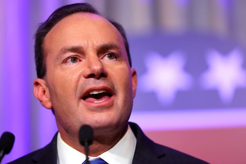 Sen. Mike Lee, R-Utah, speaks to the crowd as Utah Republicans gather for an election night party.