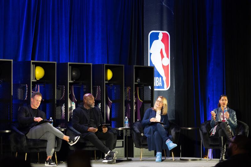 Utah Jazz Minority owner Ryan Sweeney, UnitedMasters and Translation founder and CEO Steve Stoute, American Express Chief Marketing Officer Elizabeth Rutledge and Beta Boom managing partner Kimmy Paluch, left to right, sit during the NBA Foundation Pitch Competition at the Salt Palace Convention Center in Salt Lake City on Thursday.