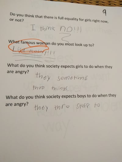 Responses by teens and adolescents who attended a "Girls Inspired" support group run by WholeKids Emotional Wellness in Sandy, Utah. The age of the child is at the top of the questionnaire that replicated questions posed in national survey of youth by Pla