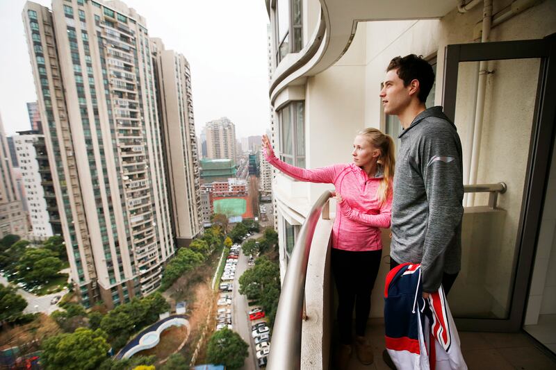 Jimmer Fredette and his wife, Whitney, look over the view from their 19th-floor apartment in Shanghai, China, on Jan. 21, 2018. Freddette is a former BYU Cougar and now plays for the Shanghai Sharks in the Chinese Basketball Association.