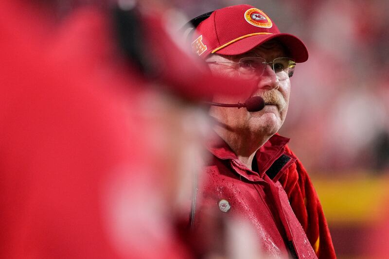 Kansas City Chiefs head coach Andy Reid watches play against the Tampa Bay Buccaneers during the second half of an NFL football game, Monday, Nov. 4, 2024, in Kansas City, Mo.