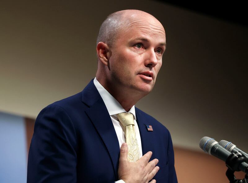 Gov. Spencer Cox speaks at his PBS monthly news conference at the Eccles Broadcast Center in Salt Lake City on Thursday, Oct. 19, 2023.
