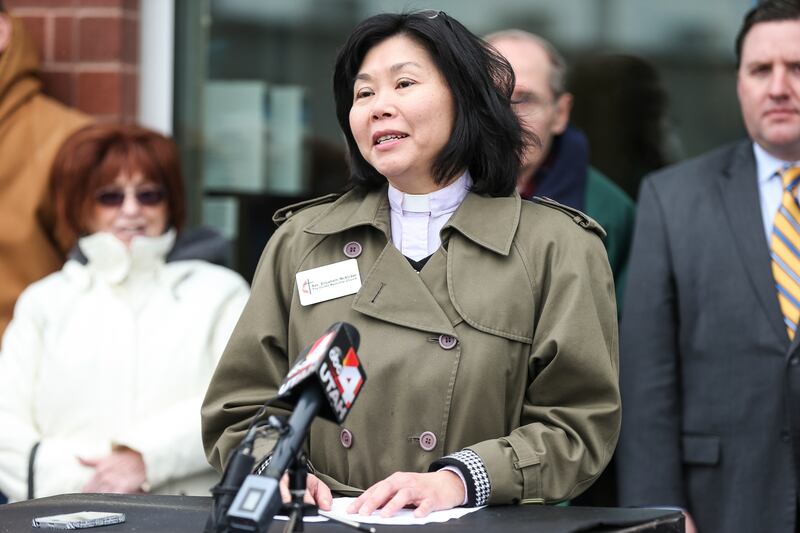 The Rev. Elizabeth McVicker, of First United Methodist Church, speaks at a press conference at the Road Home Midvale Center on Thursday, Feb. 2, 2017.