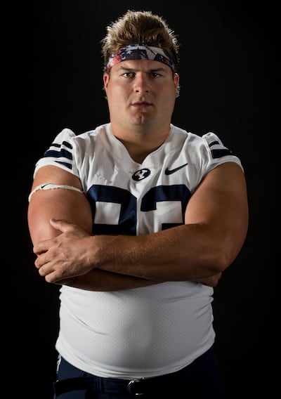 Defensive lineman Bracken El-Bakri poses for a photo at BYU's Indoor Practice Facility in Provo on Wednesday, Aug. 8, 2018.