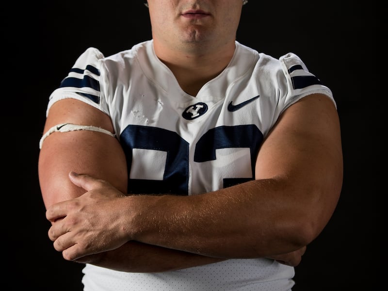 Defensive lineman Bracken El-Bakri poses for a photo at BYU's Indoor Practice Facility in Provo on Wednesday, Aug. 8, 2018.