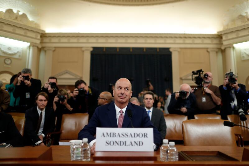U.S. Ambassador to the European Union Gordon Sondland arrives to testify before the House Intelligence Committee on Capitol Hill in Washington, Wednesday, Nov. 20, 2019.