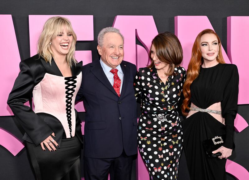 Reneé Rapp, left, Lorne Michaels, Tina Fey and Lindsay Lohan attend the world premiere of “Mean Girls” on Jan. 8, 2024, in New York.
