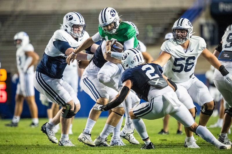 BYU players tune up their game during a scrimmage at LaVell Edwards Stadium in Provo on Aug. 22, 2023.