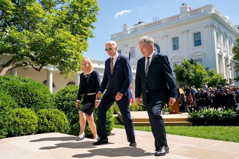 President Joe Biden, Swedish Prim Minister Magdalena Andersson and Finnish President Sauli Niinisto walk out of Rose Garden at the White House.