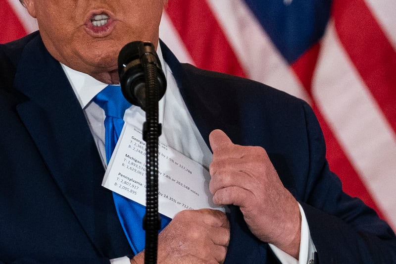 President Donald Trump speaks at an election night party in the East Room of the White House in Washington on Nov. 4, 2020.